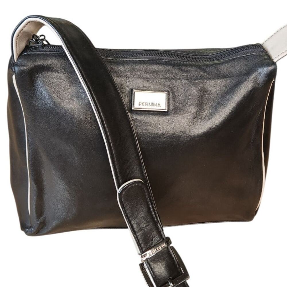 Vintage Perlina Black Leather Shoulder Crossbody Bag Purse